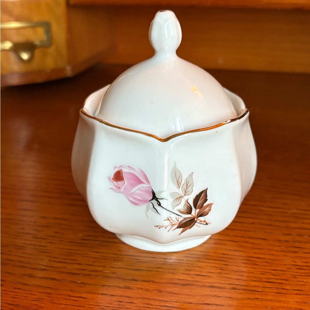 Vintage White Sugar Bowl with Pink Rose Design